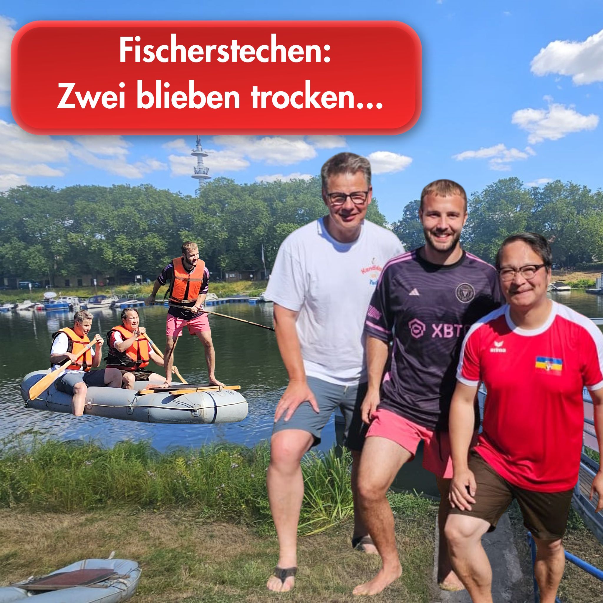 Zwei im Boot, einer nass: Martin Franke, Luca Özdemir und Jan Wendorf beim Fischerstechen in Nienburg.